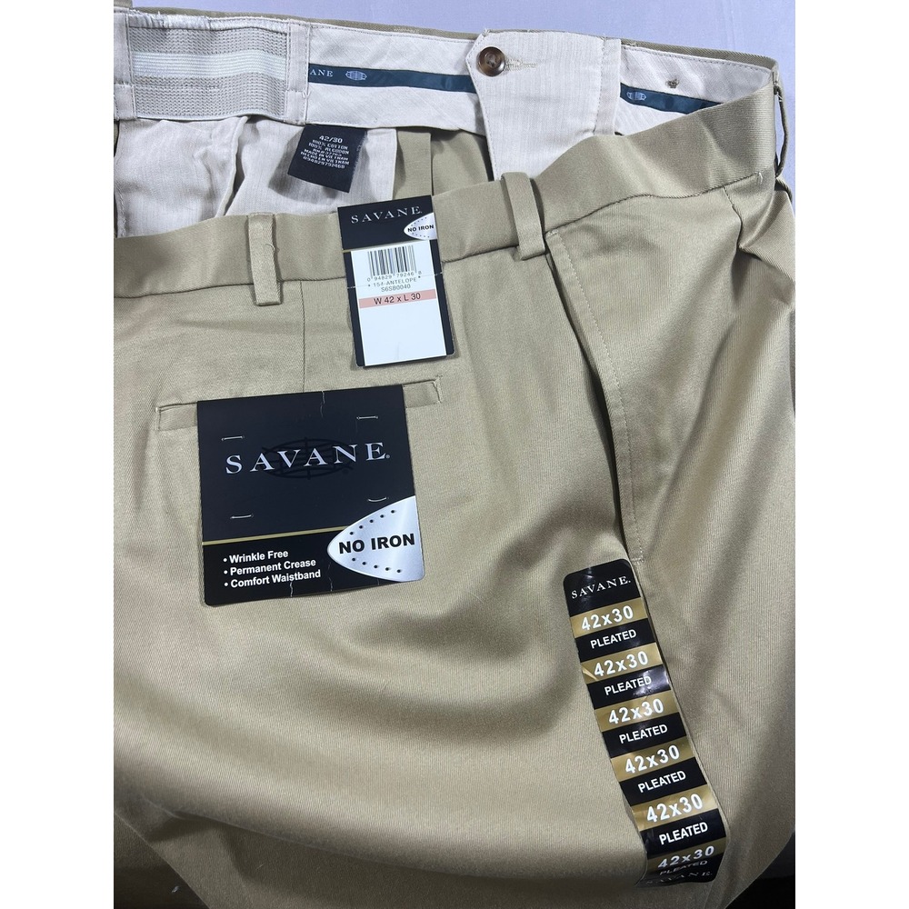 Savane Men's 42x30 Pleated Dress Pants Antelope Tan Wrinkle‎ Free Cotton Cuffed - Picture 3 of 10